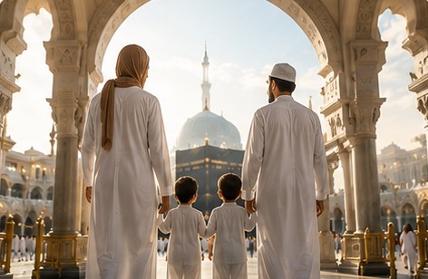 Family walking through the mosque archway together